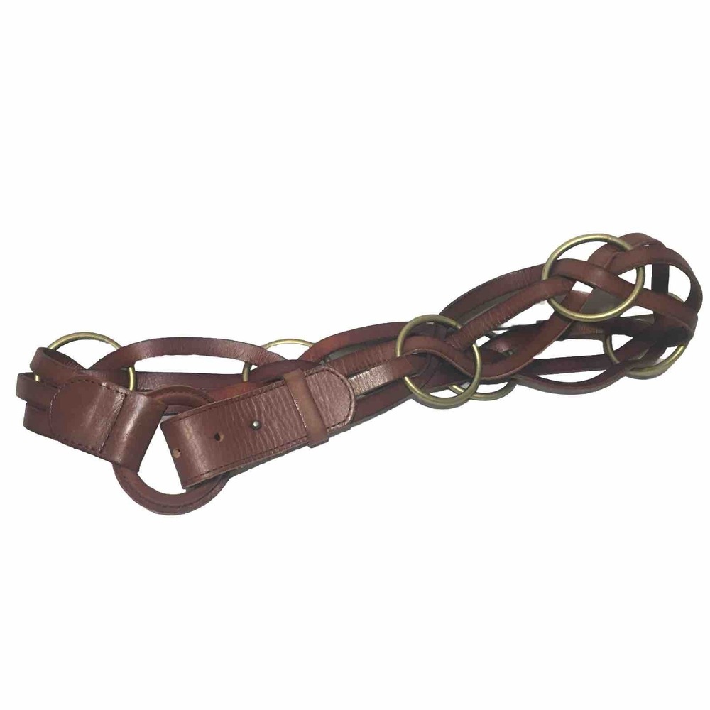 NEW Linea Pelle Braided Brown Leather and‎ Brass Rings Sz L